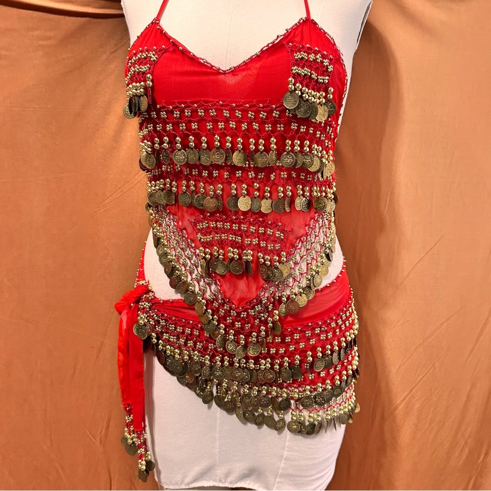 Belly Dance Costume Size M-L Red  Golden Coins Halter Top & Hip Scarf Outfit